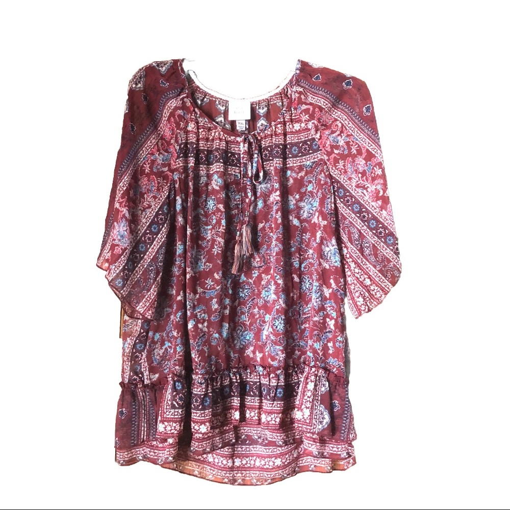 Knox Rose Boho Sheer Floral Chiffon Ruffle Hem Blouse - XXL
